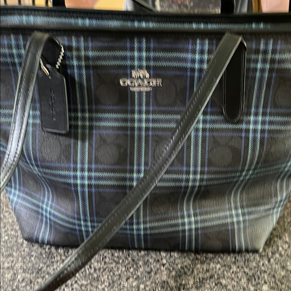Coach Black and Blue Plaid Tote